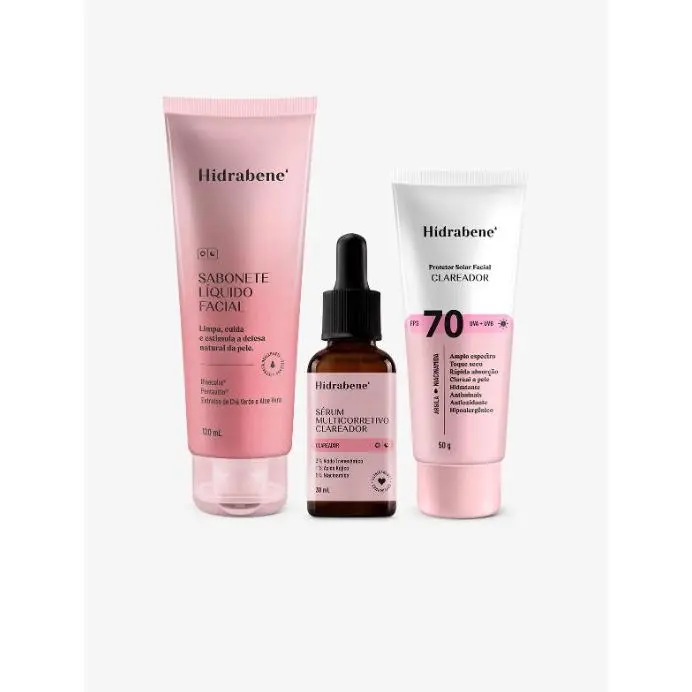 Kit Protocolo Clareador Intensivo Hidrabene — Sabonete, Sérum e Protetor FPS 70